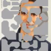 Photographic portrait of Karim Beguir with an abstract overlay of gray shapes