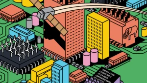 Colourful illustration by Fortunate Joaquin showing a city in the style of components on a PCB board